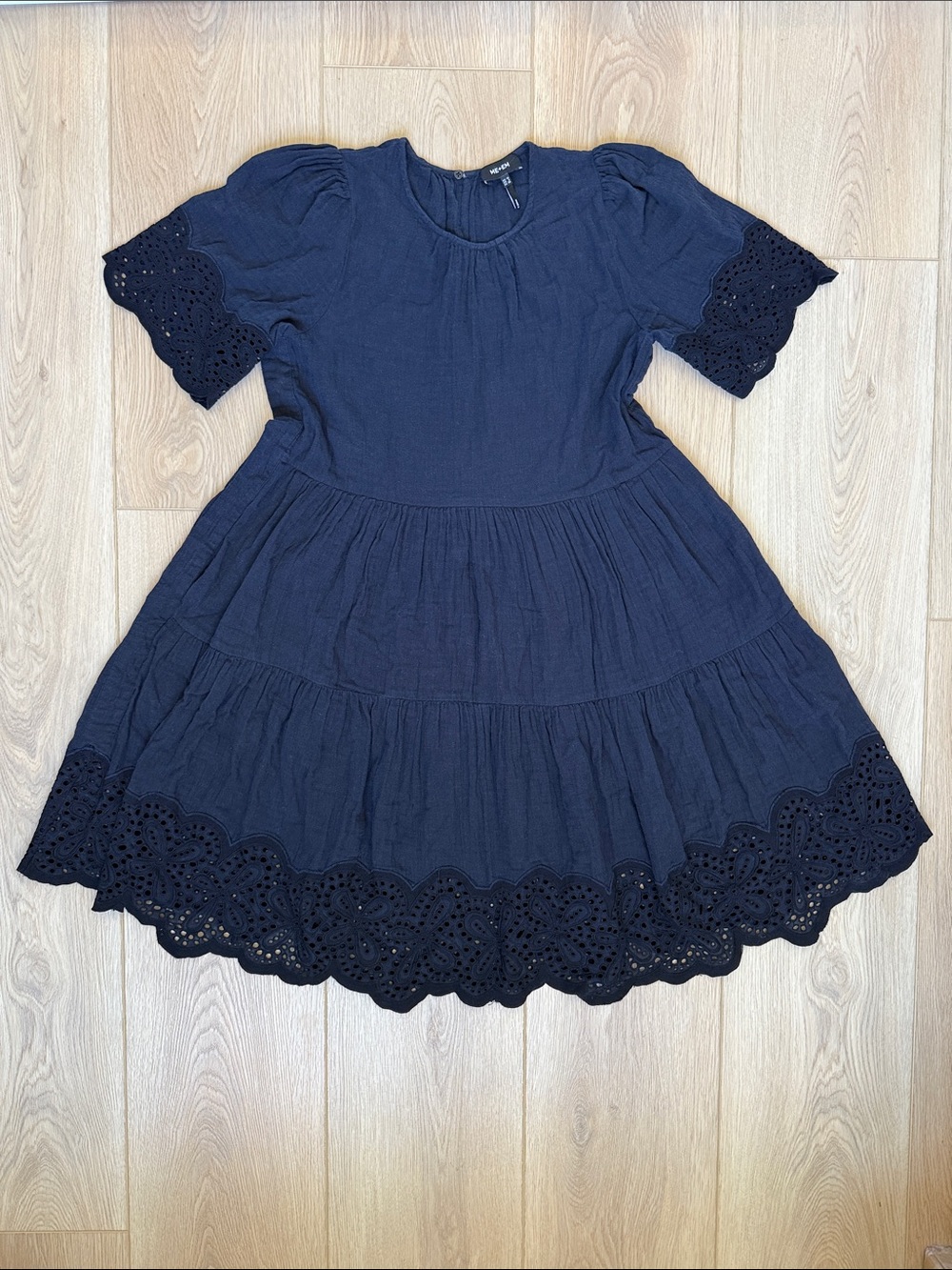 Navy Eyelet Cotton Mini Dress ME+EM Cheesecloth Broderie Swing Cottagecore Sz 6
